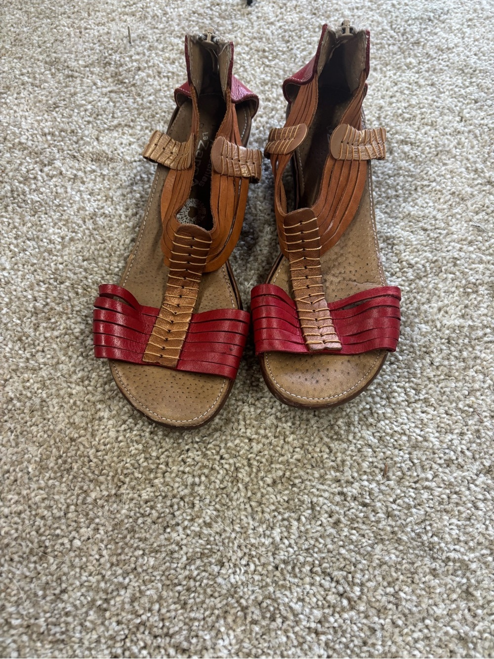 Two-Tone Red and Tan Leather Women's Sandals